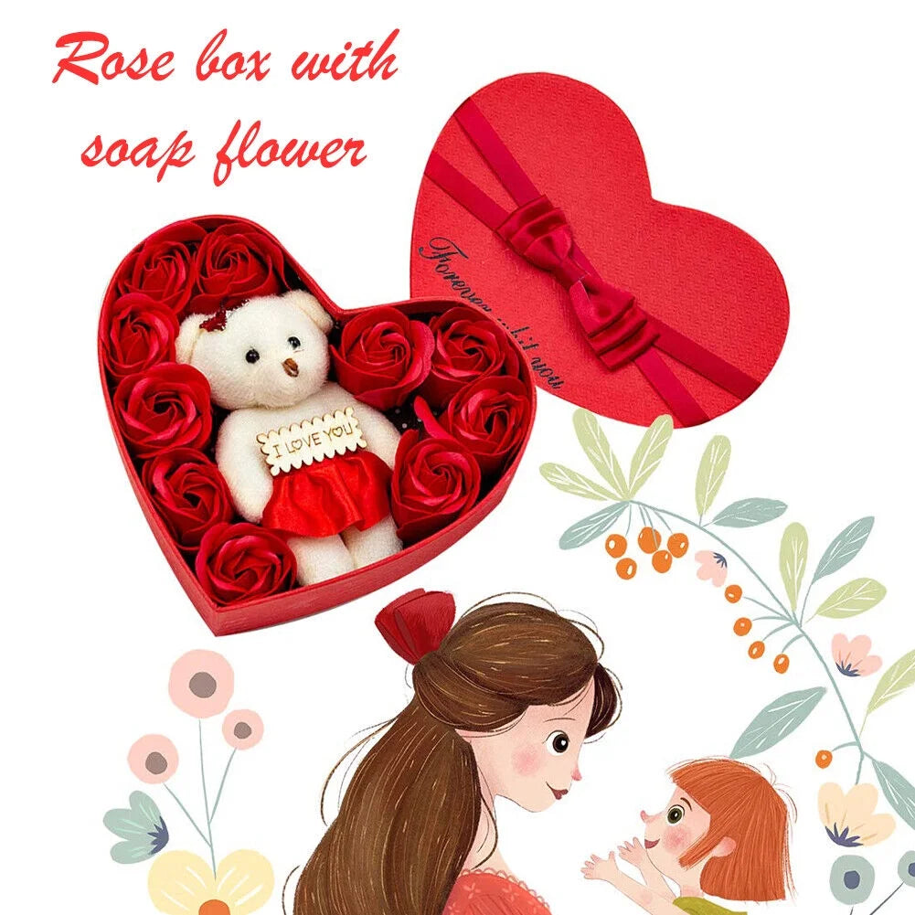 Heart-Shaped Red Rose and Teddy Bear Gift Box