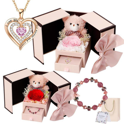 Romantic Gift Set with Bear, Rose and Jewelry