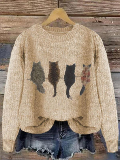 Cat Print Drop Shoulder Sweater