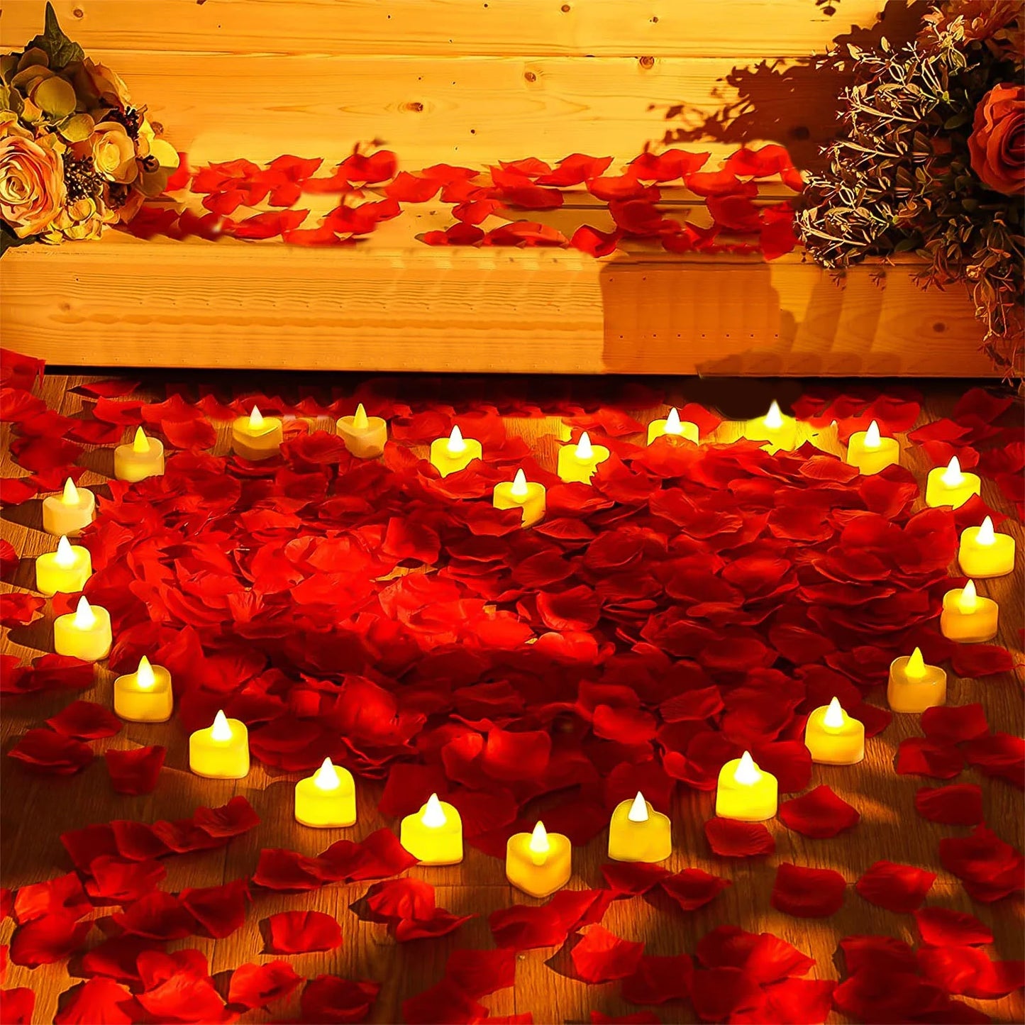 1000Pcs Rose Petals for Romantic Night,  Fake Red Silk Rose Petals with 24 LED Tea Lights Candles Romantic Night Set