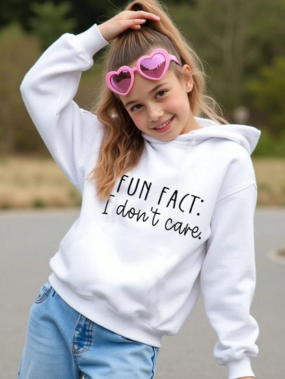  Fun Fact, I Don't Care Graphic, Long Sleeve Hooded Thick Sweatshirt