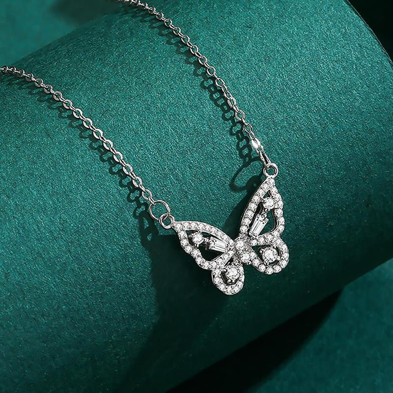 Artificial Rose & Rhinestone Butterfly Necklace Gift Set in Flower Decor Ribbon Bowknot Jewelry Box 