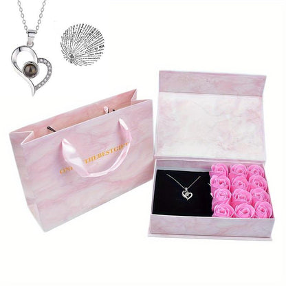  Soap Flower Gift Box with Heart Shaped Necklace Set