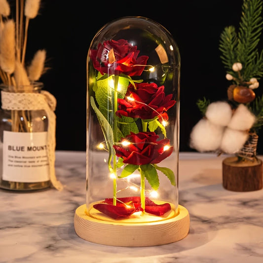 EverGlow™ Long-Stem 3 Rose Light – LED Gift Dome with Wooden Base