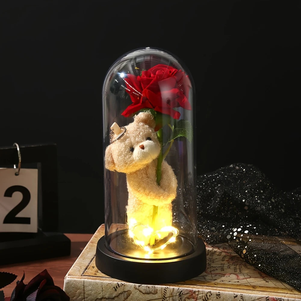 Eternal Rose Bear – Romantic Acrylic Display Gift with Preserved Rose