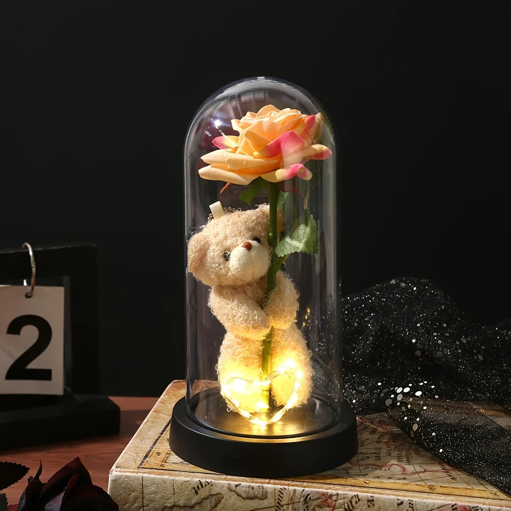 Eternal Rose Bear – Romantic Acrylic Display Gift with Preserved Rose
