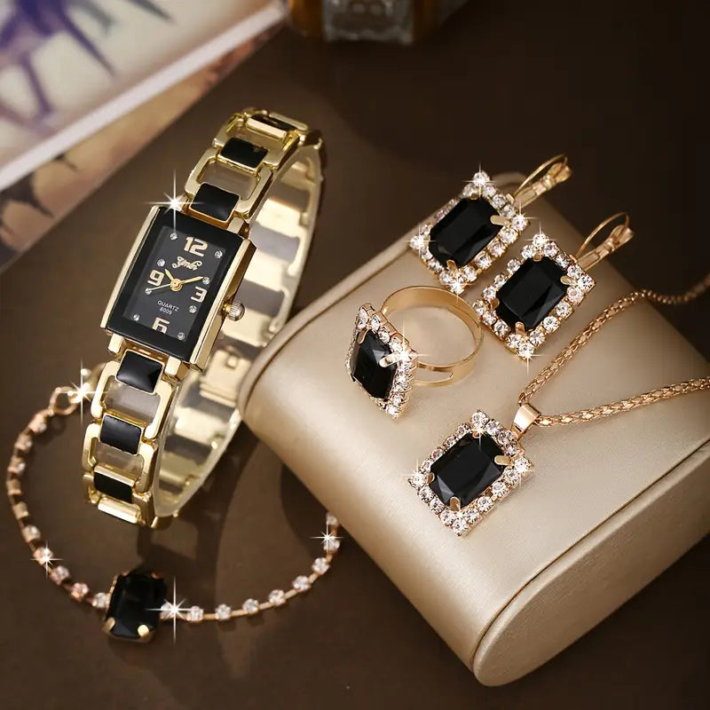 Noir Allure – 6-Piece Elegant Black Watch & Jewelry Set
