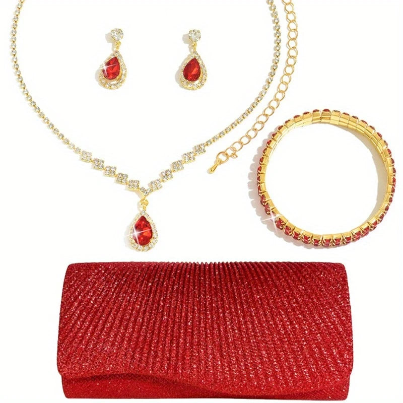 Sparkle & Satin 4-Piece Glam Set – Jewelry & Evening Bag for Her