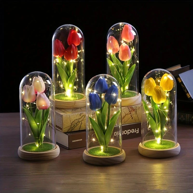 LED Tulip Dome – Light-Up Glass Display with Wooden Base