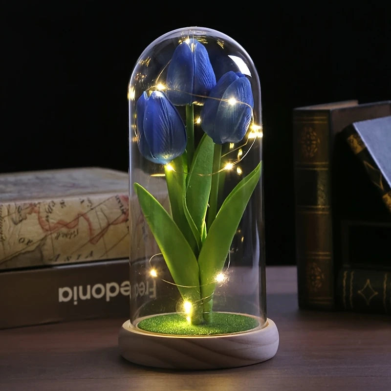 LED Tulip Dome – Light-Up Glass Display with Wooden Base