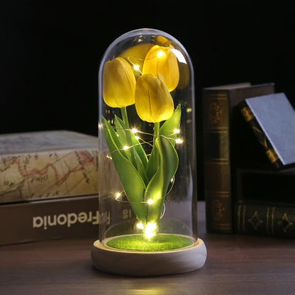 LED Tulip Dome – Light-Up Glass Display with Wooden Base