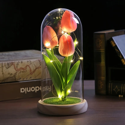 LED Tulip Dome – Light-Up Glass Display with Wooden Base