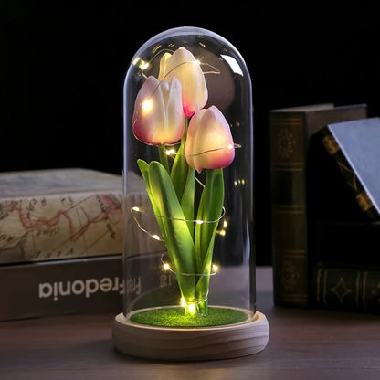 LED Tulip Dome – Light-Up Glass Display with Wooden Base