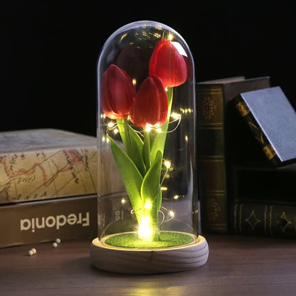 LED Tulip Dome – Light-Up Glass Display with Wooden Base