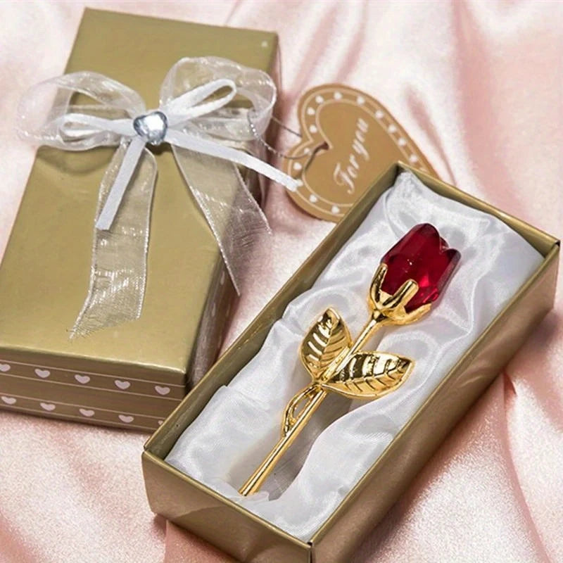 Crystal Rose Duo – Elegant Glass Roses with Golden Stems
