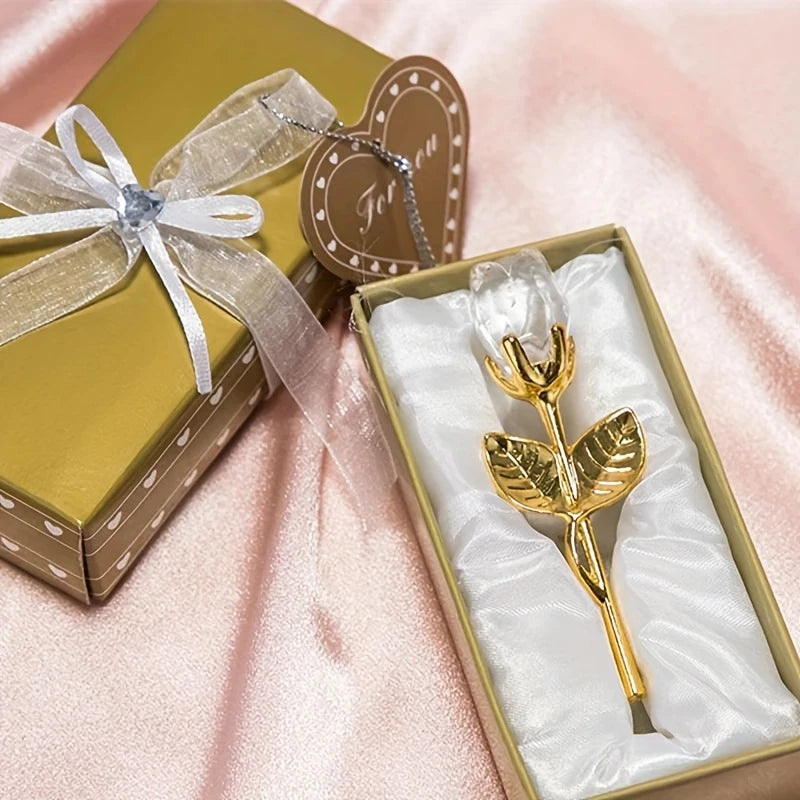 Crystal Rose Duo – Elegant Glass Roses with Golden Stems