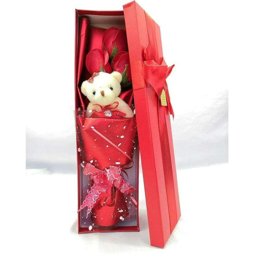 Soap Rose Bouquet & Teddy Bear Gift Box – Romantic Scented Surprise